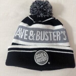 Dave & Busters Pom Beanie Knit Cap Hat Adult One Size Black & White Stripes Game